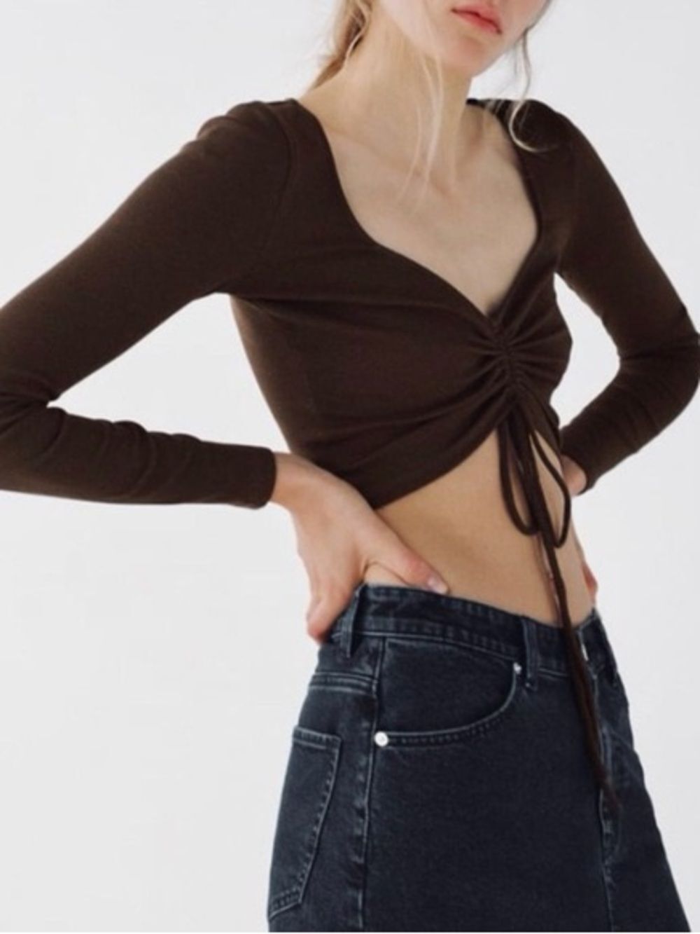 Zara Espresso Brown Ribbed Ruched Drawstring Crop Top Size S